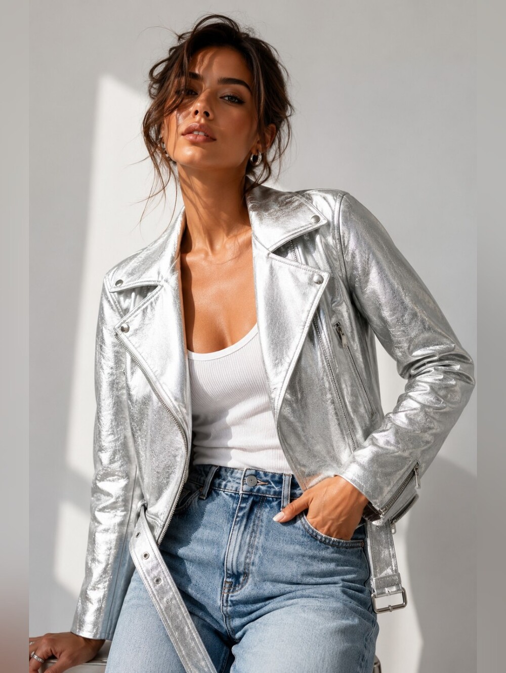 Like NEW Zara Silver Faux Leather Metallic Shiny Biker Jacket